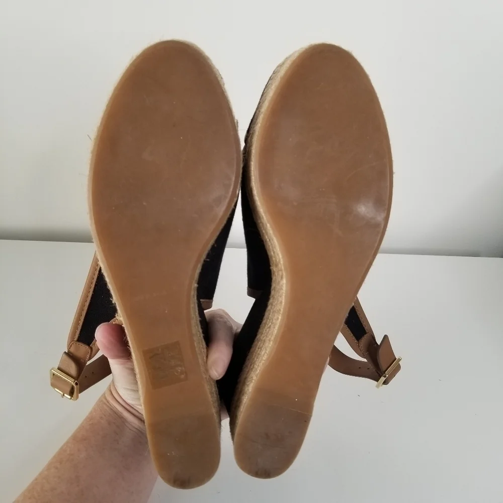 Tory Burch Majorca Peep Toe Sling Back Espadrille Wedges Size 9.5 Black/Tan